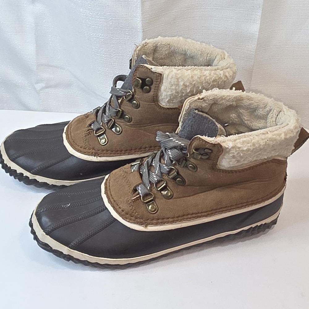 JBU Womens Size 8.5 Winter Waterproof Duck Boots Leather Faux Fur Tan Brown